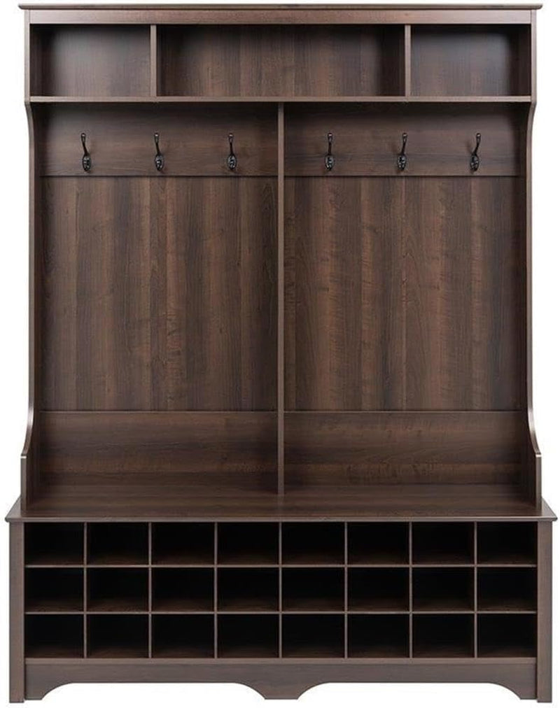 Brown Hall Tree, Shoe Cabinet, Storage Cabinet with 24 Shoe Cubbies and 6 Double Coat Hooks 15.5" D X 60" W X 77" H