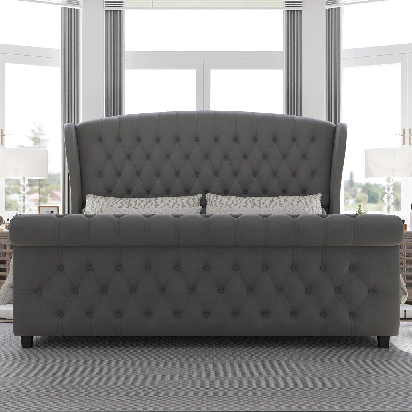 King Size Platform Bed Frame, Velvet Upholstered Sleigh Bed with Scroll Wingback Headboard & Footboard/Button Tufted/No Box Spring Required/Grey
