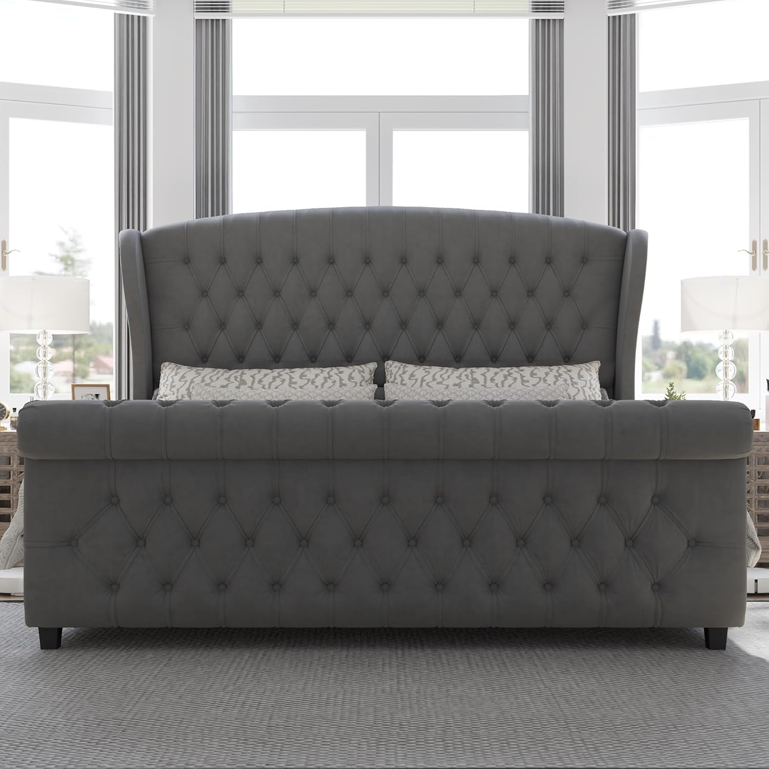 King Size Platform Bed Frame, Velvet Upholstered Sleigh Bed with Scroll Wingback Headboard & Footboard/Button Tufted/No Box Spring Required/Grey
