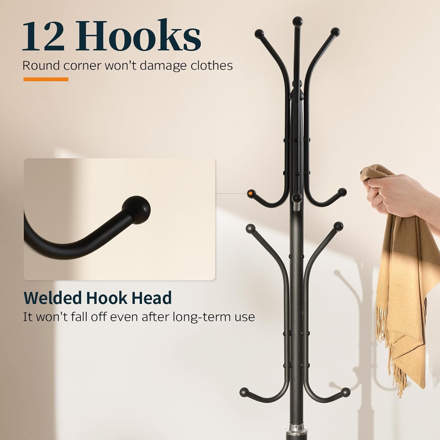 Metal Coat Rack Freestanding with Marble Base, Coat Tree with 12 Hooks & Umbrella Holder, Coat Hanger Stand for Corner Entryway Bedroom Office, Heavy Duty Coat Rack Stand for Clothes Hats Bags