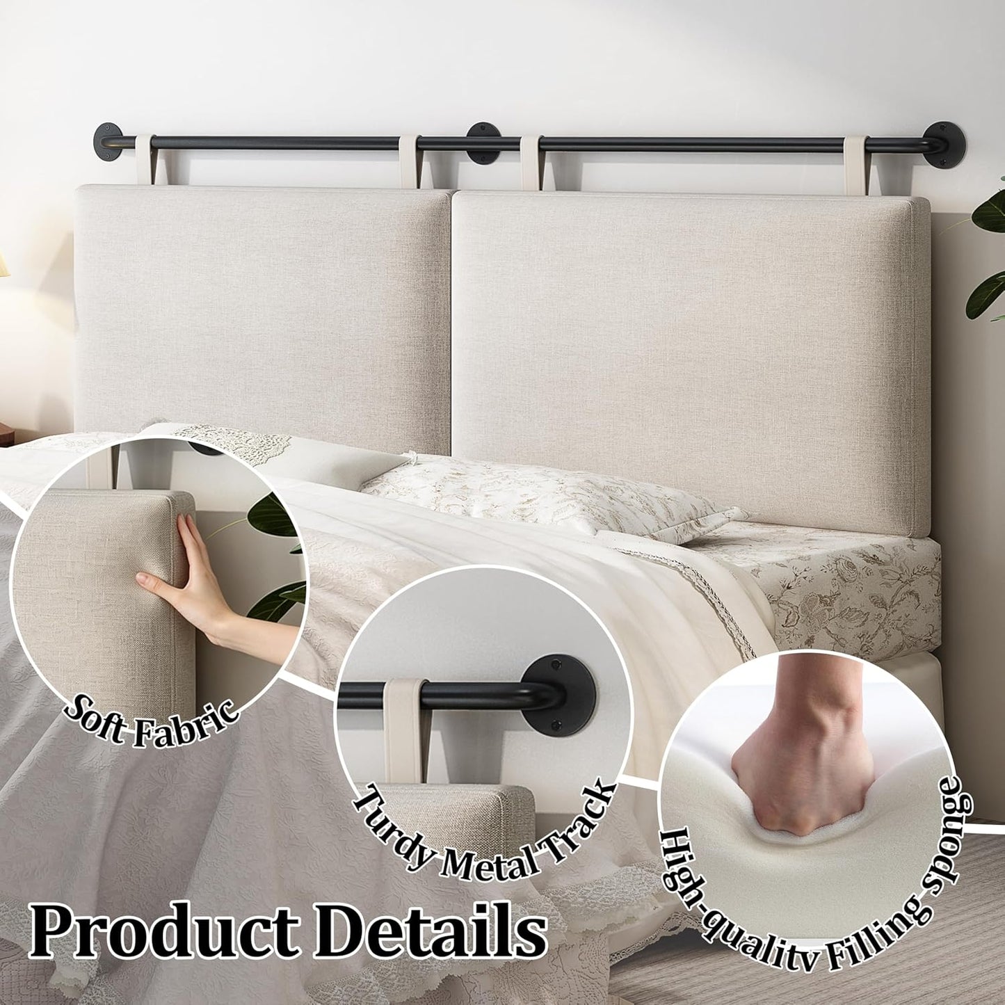 Headboards Queen Size Bed Headboard Wall Mounted with Linen Upholstery Hanging Headboard for Bedroom, Beige