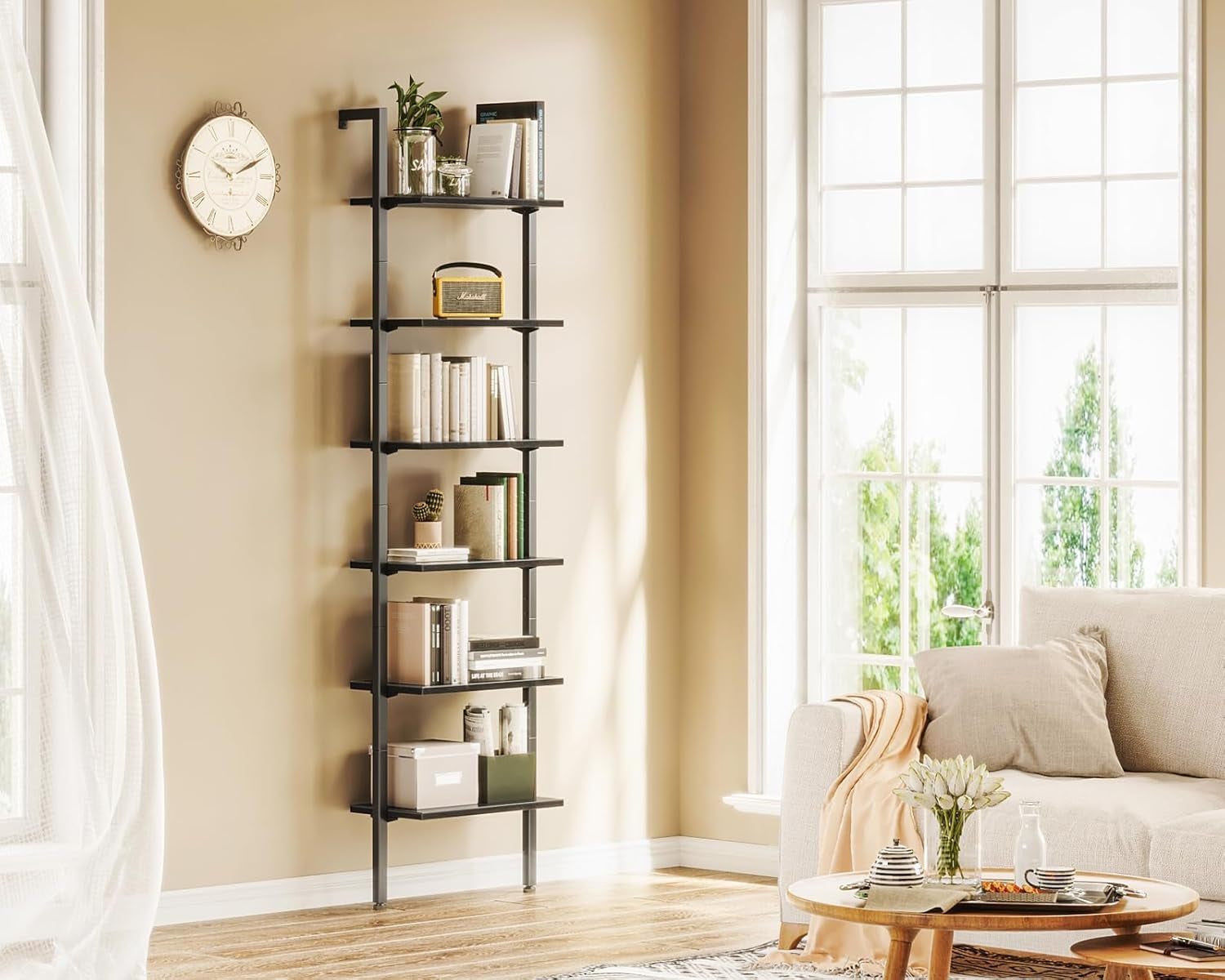 6-Tier Ladder Bookcase, Industrial Storage Shelf with Metal Frame for Living Room, Home Office, Kitchen & Bedroom, Space Saving Freestanding Organizer Rack, Black (8" D X 16" W X 87" H)