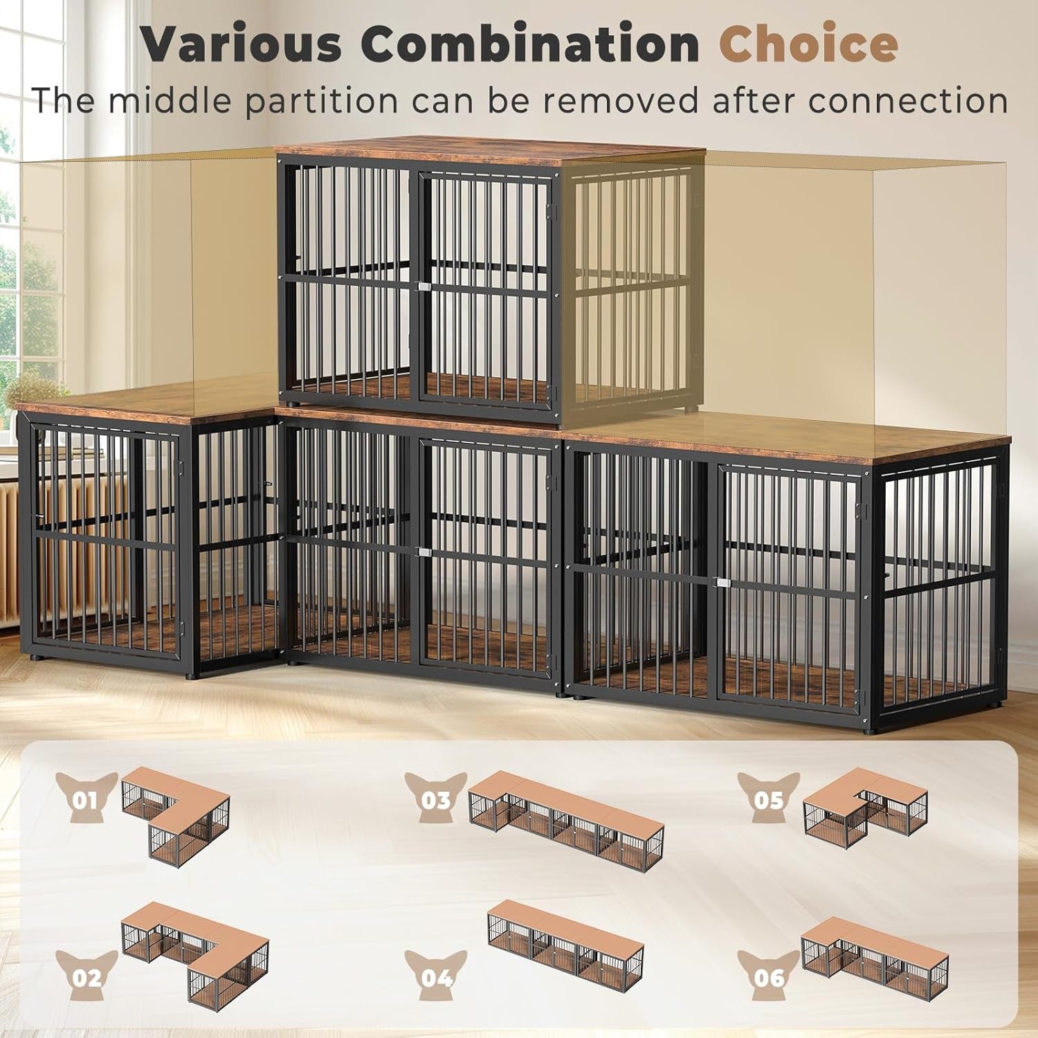43'' Dog Crate Furniture with 3 Doors, XL Wooden Crate End Table Heavy Duty Indoor Puppy Cage for Medium to Large Dogs, Multiple Units Can Be Combined
