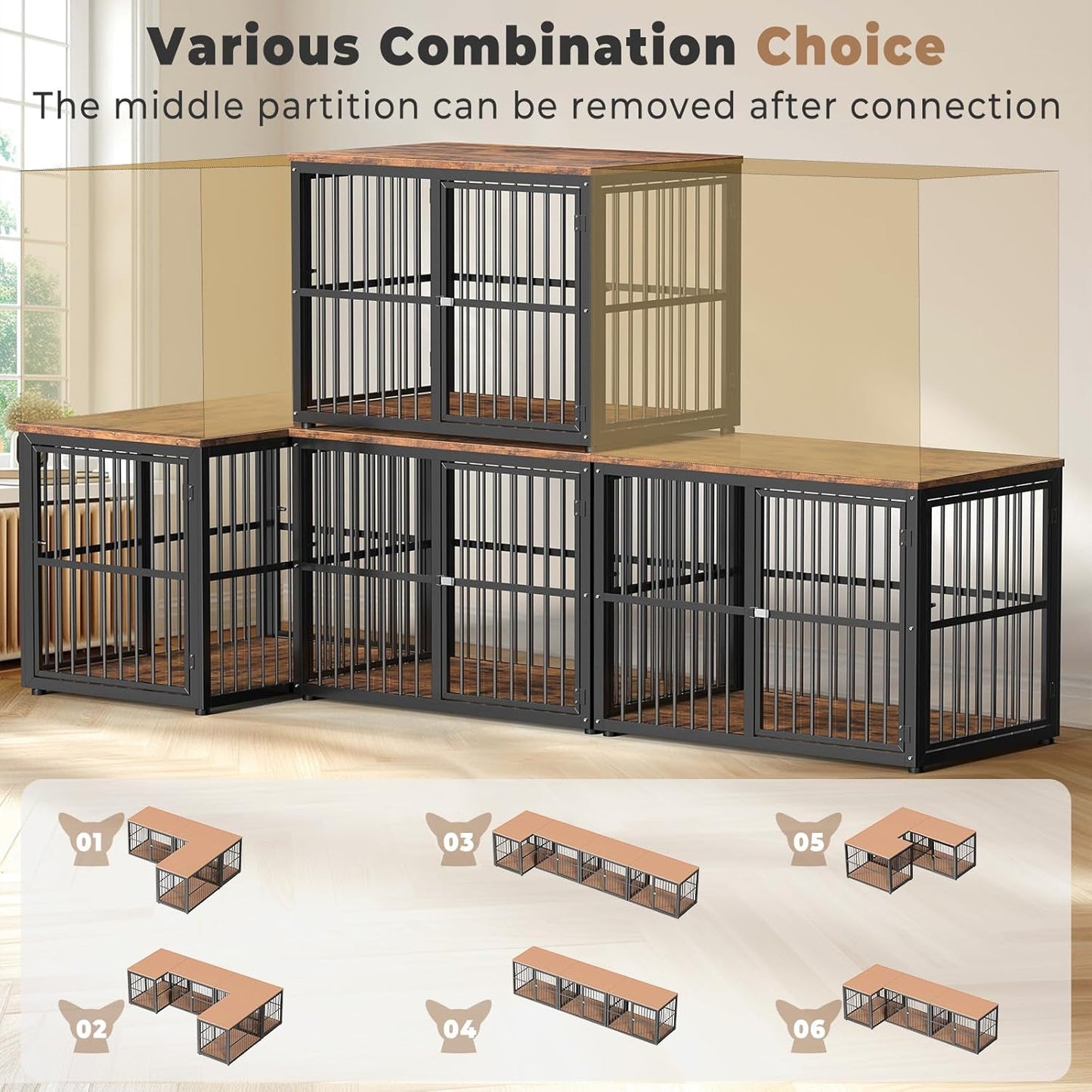 43'' Dog Crate Furniture with 3 Doors, XL Wooden Crate End Table, Heavy Duty Indoor Puppy Cage Kennel for Medium to Large Dogs, Multiple Units Can Be Combined