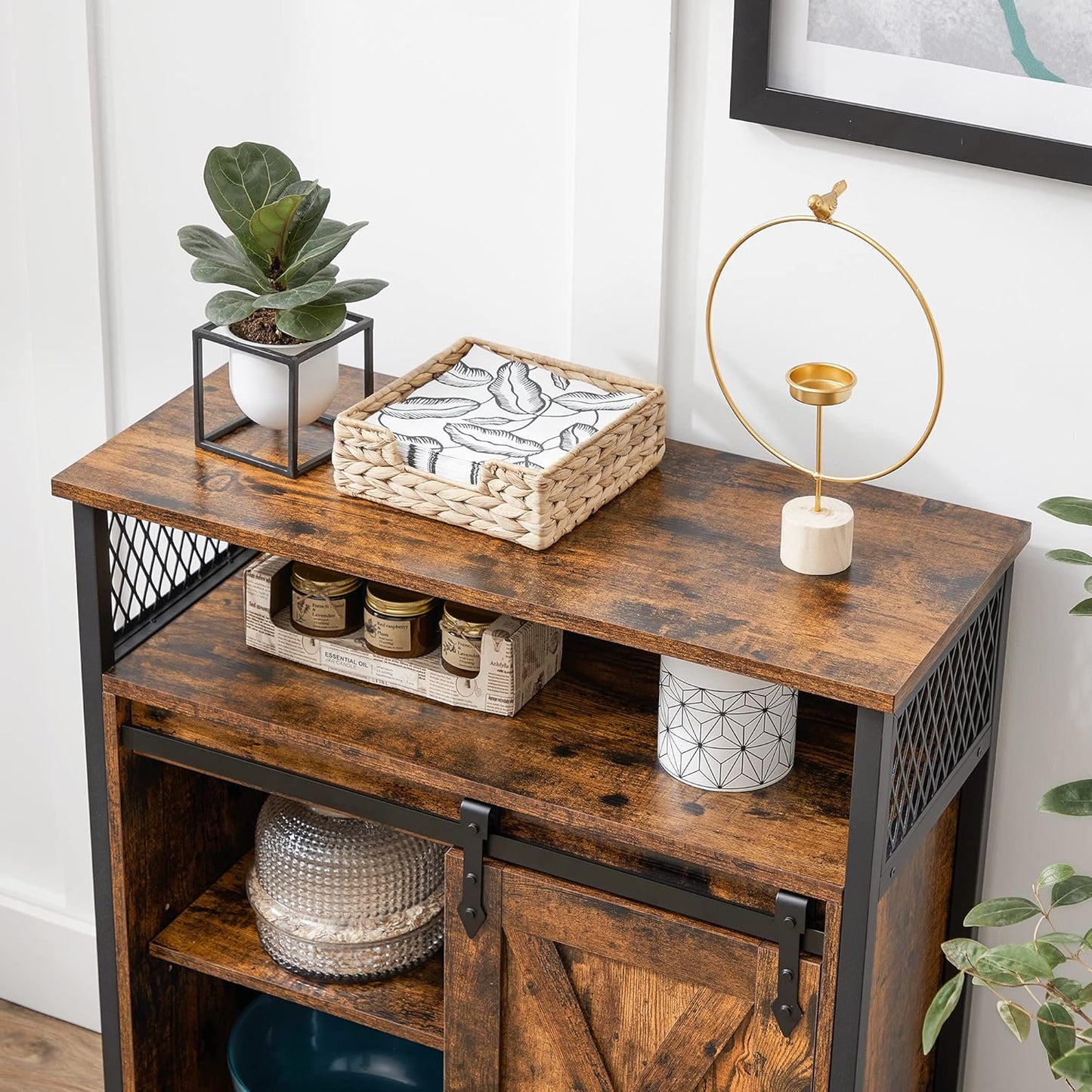 BOHOVEN Collection - Buffet Cabinet, Sideboard Storage Cabinet with Rattan-Like Doors and Drawers, Accent Cabinet, Adjustable Shelf, Boho Style, for Living Room, Ebony Black