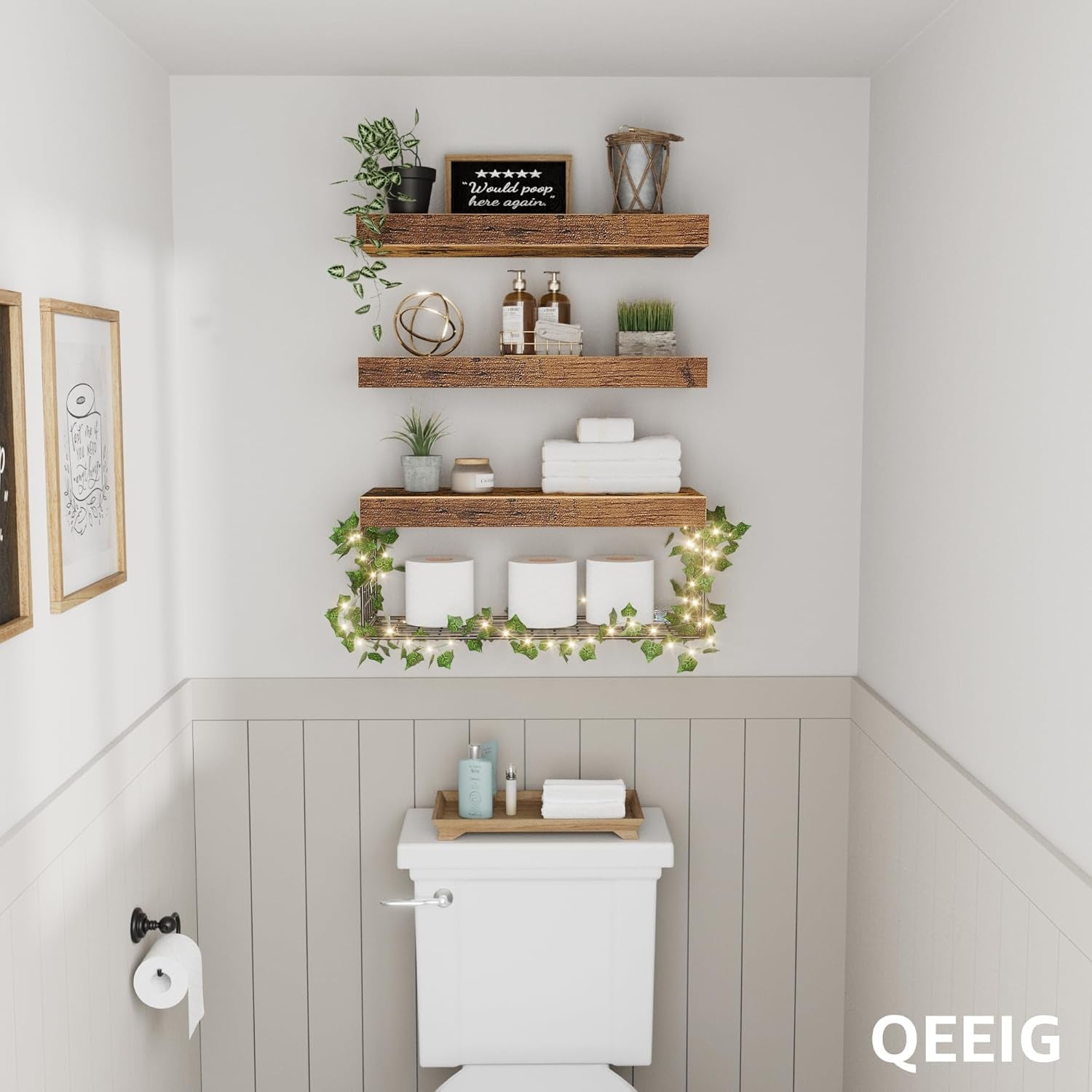 Bathroom Floating Shelves for Wall - Shelf over Toilet Paper Storage with Led Lights and Leaves Farmhouse Decor Small 16 Inch Set of 3, Brown (L019BN3)