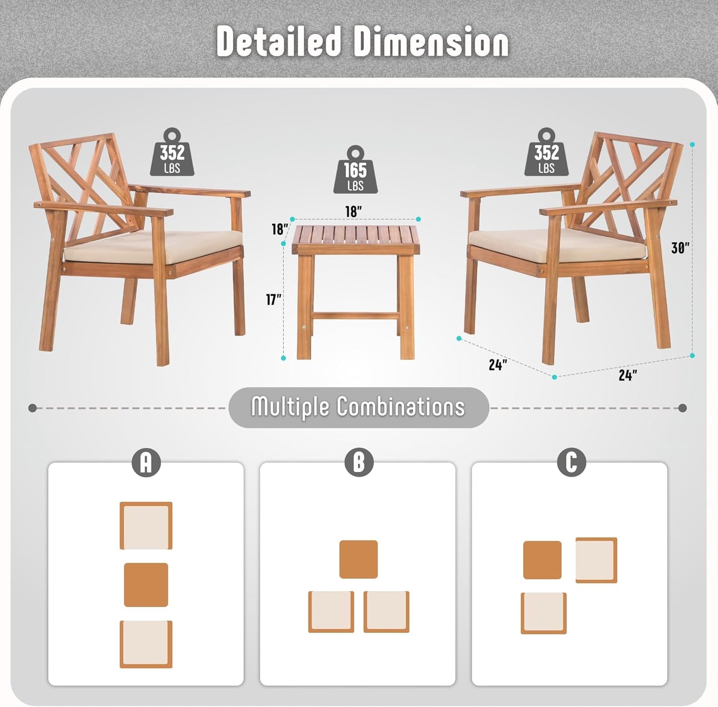 3 Piece Outdoor Patio Furniture Set, Wooden Conversation Patio Set with Padded Cushion Chairs and Coffee Table, Acacia Wood Lounge Conversation Set for Porch Balcony Deck Backyard