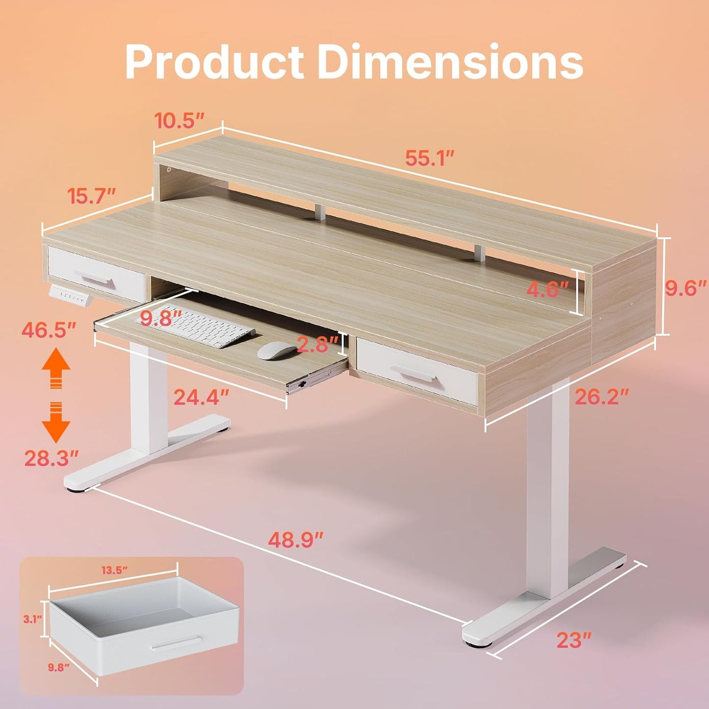 55″ X 26″ Electric Standing Desk with 2 Drawers &24.4″ Large Keyboard Tray, C-Clamp Mount Compatible, Adjustable Computer Desk for Office, Sit Stand up Desk with 4 Height Presets, Light Walnut