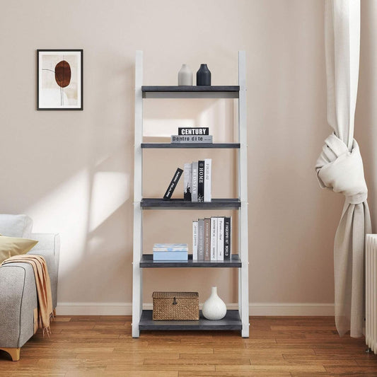 5-Tier Ladder Shelf, 72.01'' Tall Freestanding Bookshelf, Rustic Wood Storage Display Rack, Space-Saving Leaning Ladder Design for Living Room, Home Office, Grey
