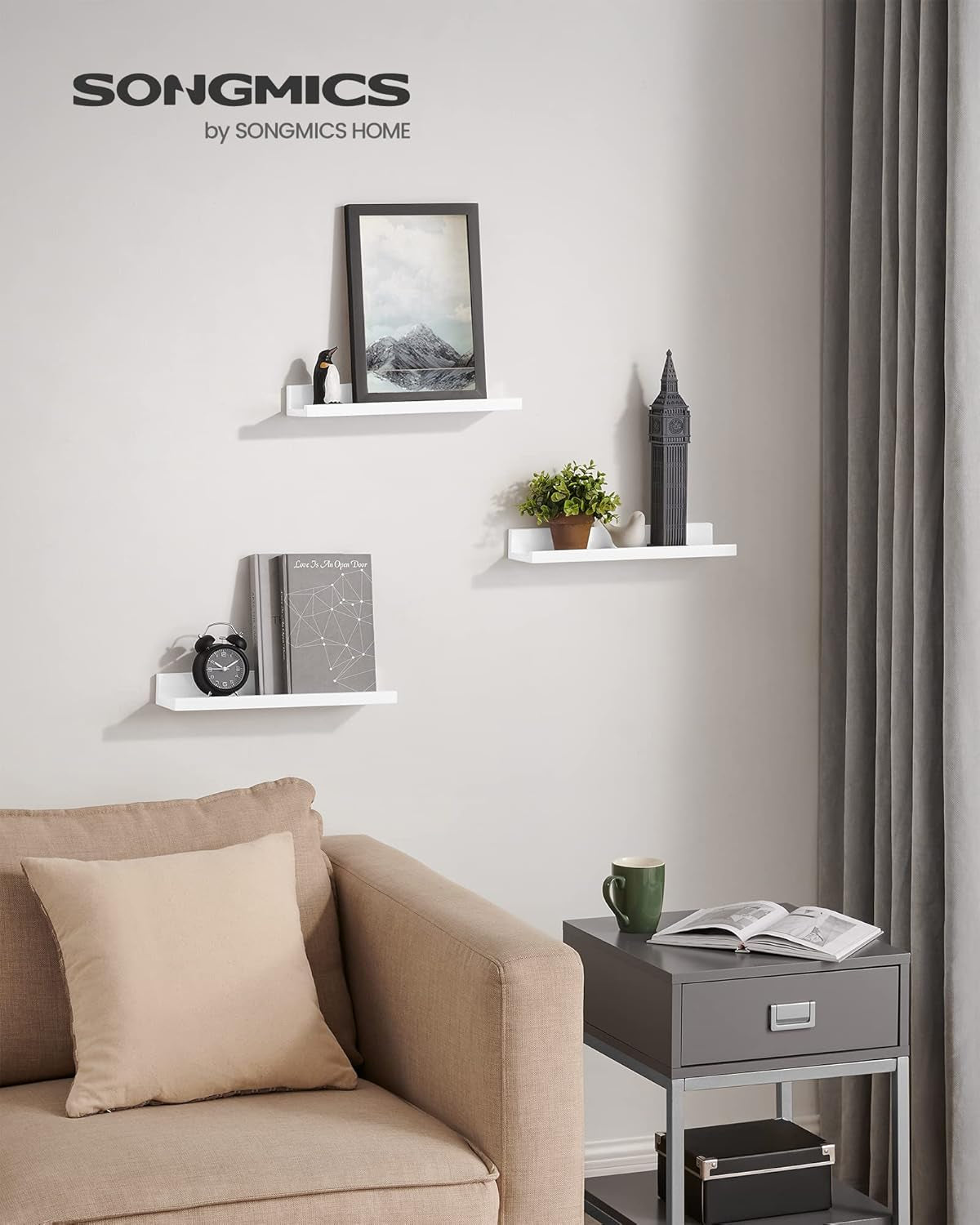 Floating Shelves, Set of 3 Wall Shelves, 15-Inch Wide, for Photo Frames and Trinkets, for Living Room, Home Office, Kitchen, Bathroom, White ULWS38WT