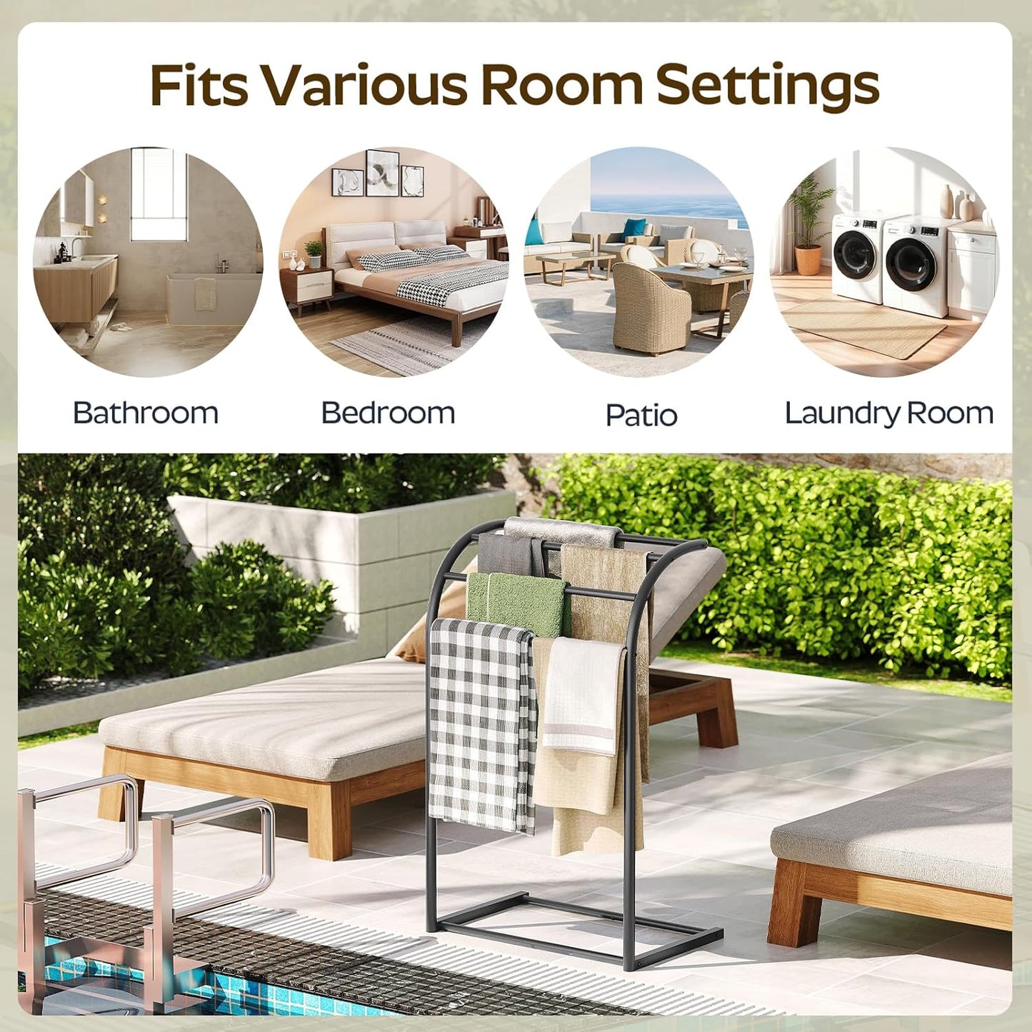 Free Standing Towel Rack, 4-Tier Blanket Rack for Bathroom, Curved Top Pool Towel Stand Display and Drying Rack, Modern Towel Storage Organizer, Black CJ07BK