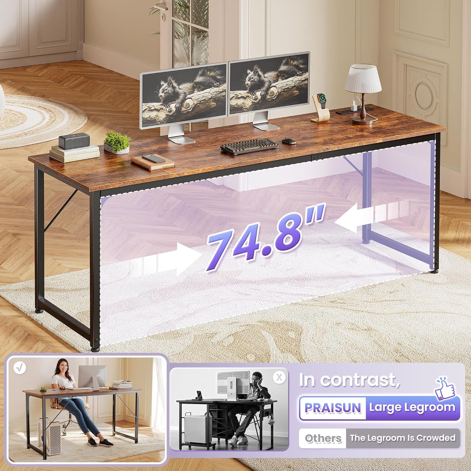 80 X 24 Inch Office Computer Desk with Power Outlets and USB-C Port, Larger and Longer Gaming Desk, for Home Office, Study, Writing Work from Home Table, Metal Frame, Rustic Brown