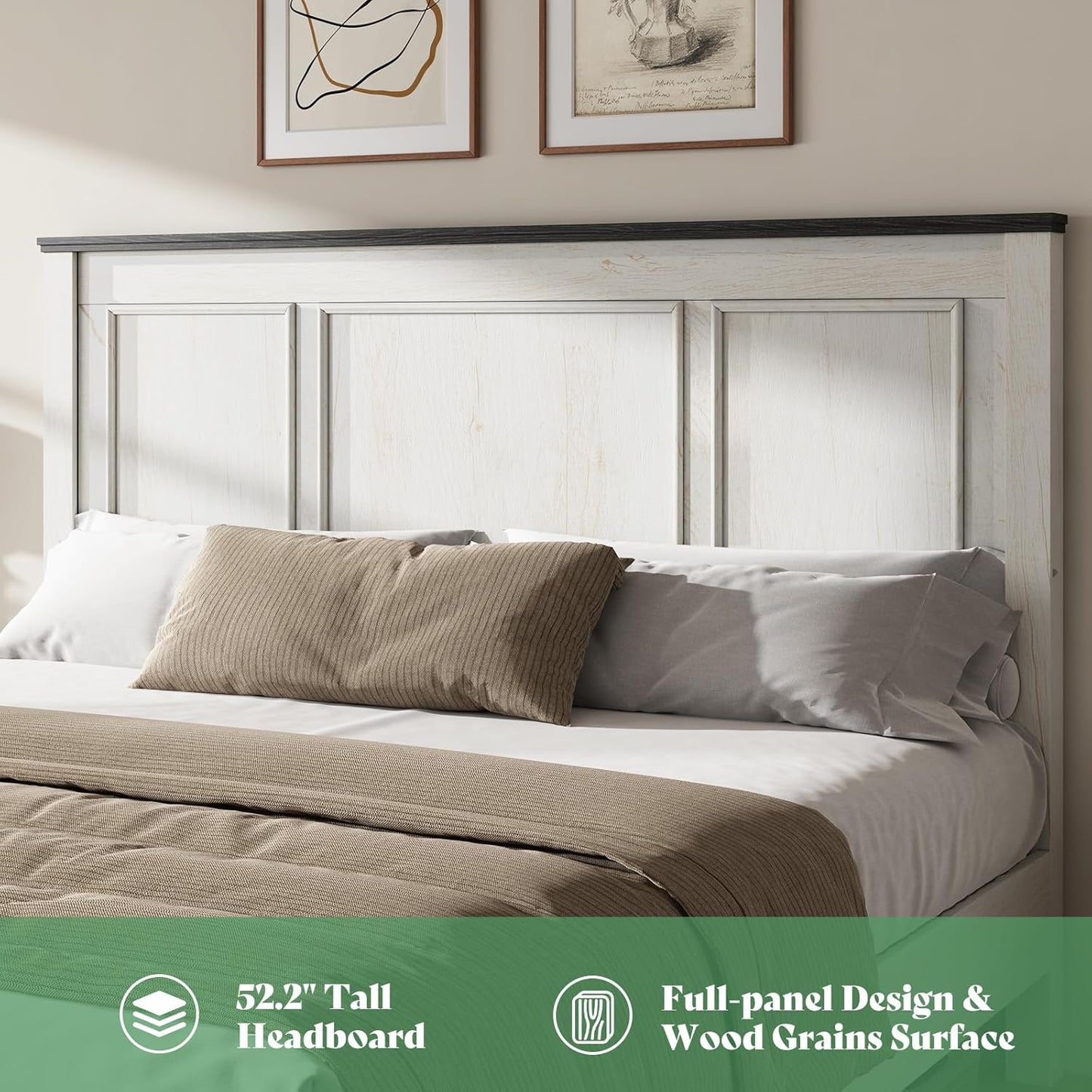 King Size Bed Frame with 52.2" Tall -Panel Headboard & Footboard, Farmhouse Wood Platform Bed Frame with 3 Large Storage Drawers, Noiseless, No Box Spring Needed, Rustic White