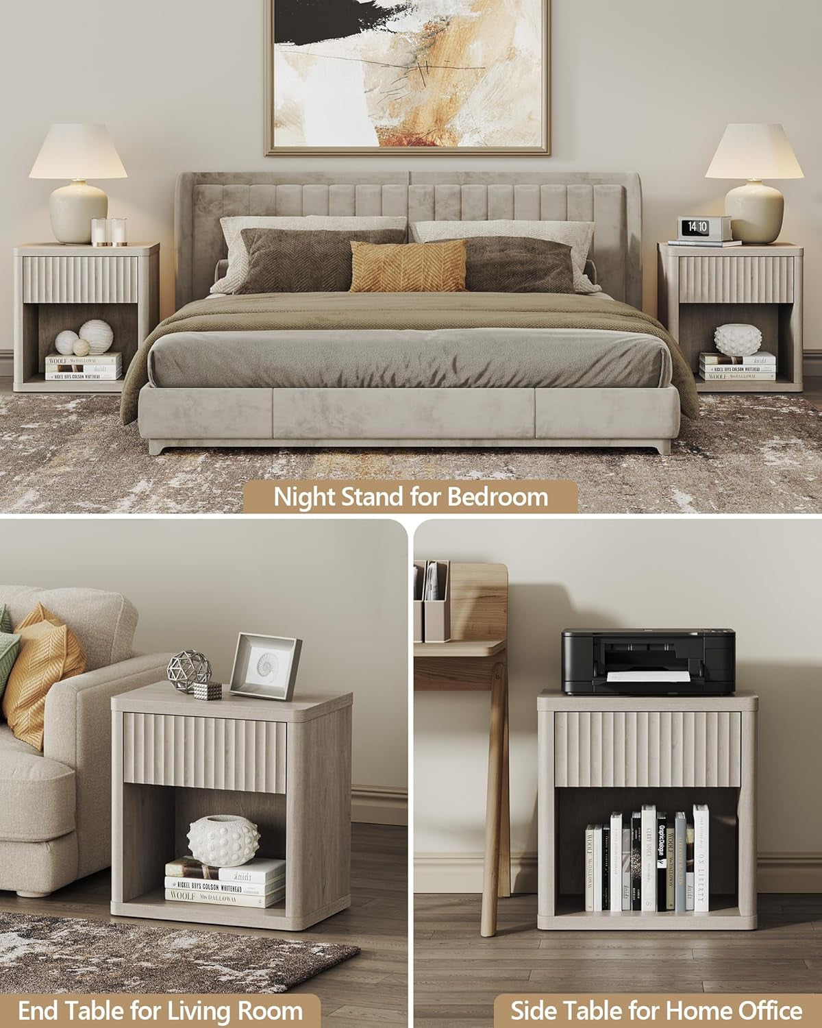 Night Stand Set of 2 Nightstands with Drawer Storage Fluted Bed Side Table End Table Large Modern Wide Bedside Stand Mid Century Night Stands for Bedroom Living Room Sofa Office, White Alder