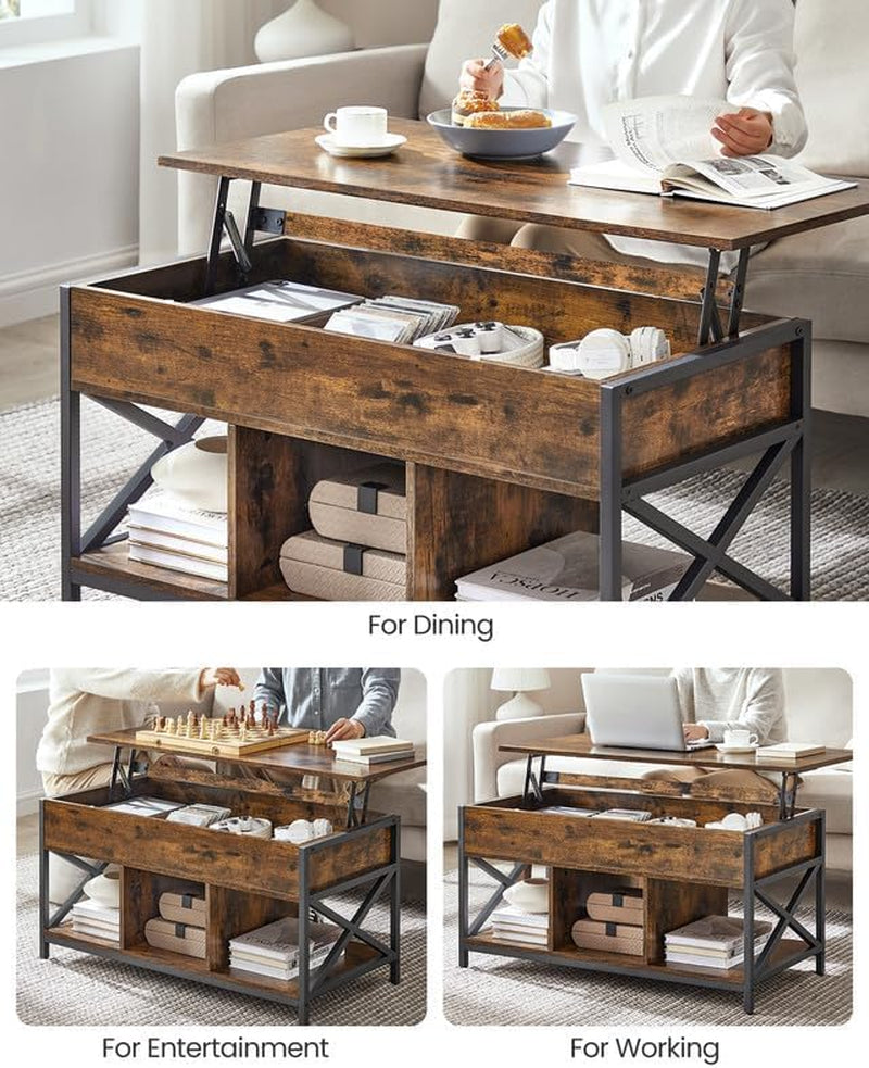 Lift Top Coffee Table, Lift Coffee Table with Storage Shelf, Hidden Compartments and Lifting Top, for Living Room, Office, 19.7 X 47.2 X (19.3-24.4) Inches, Rustic Brown and Black ULCT212B01