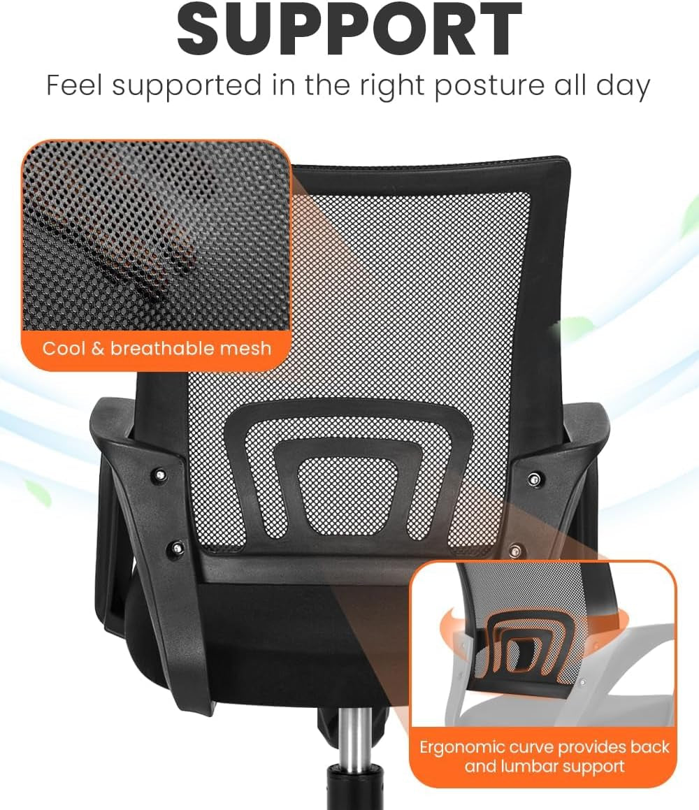 Office Desk Computer Chair Ergonomic Mesh Gaming Mid Back Seat with Comfy Lumbar Support Adjustable Height Swivel for Home Task (Black)