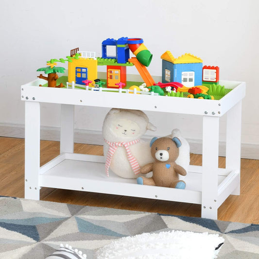 2 in 1 Kids Activity Table W/Storage, Patented Building Block Table W/Board for Bricks Crafts Arts Draw, Children Solid Wood Play Table Desk for Preschool Toddler Boy & Girl Gift, White