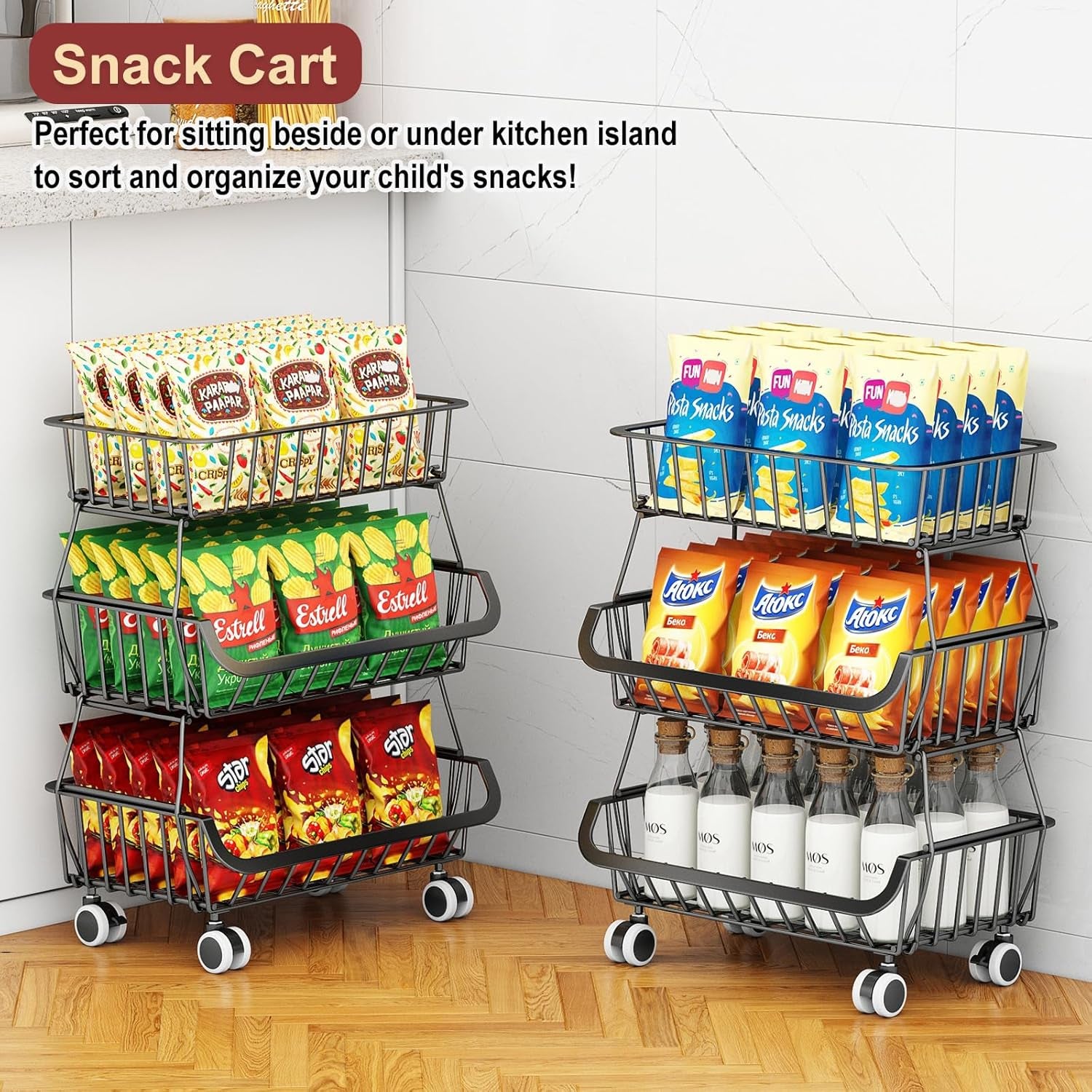 3-Tier Rolling Pantry Cart with Wheels, Stackable Wire Storage Floor Organizer for Kitchen Pantry Snack Shelves, Fruit Basket Stand, Vegetable Storage Rack for Food Snacks Onion Potato, Black, 2 Pack