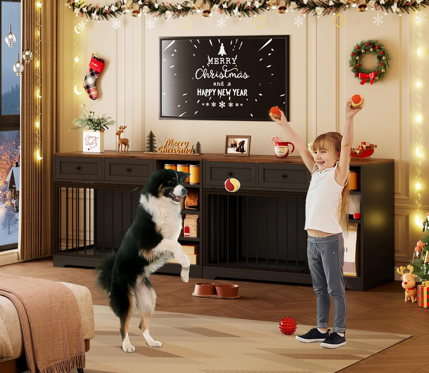 82” Double Dog Crate Furniture, Large Dog Kennel Indoor for 2 Dogs, Heavy Duty Wooden Dog Crate TV Stand with 4 Drawers and Shelves, Black