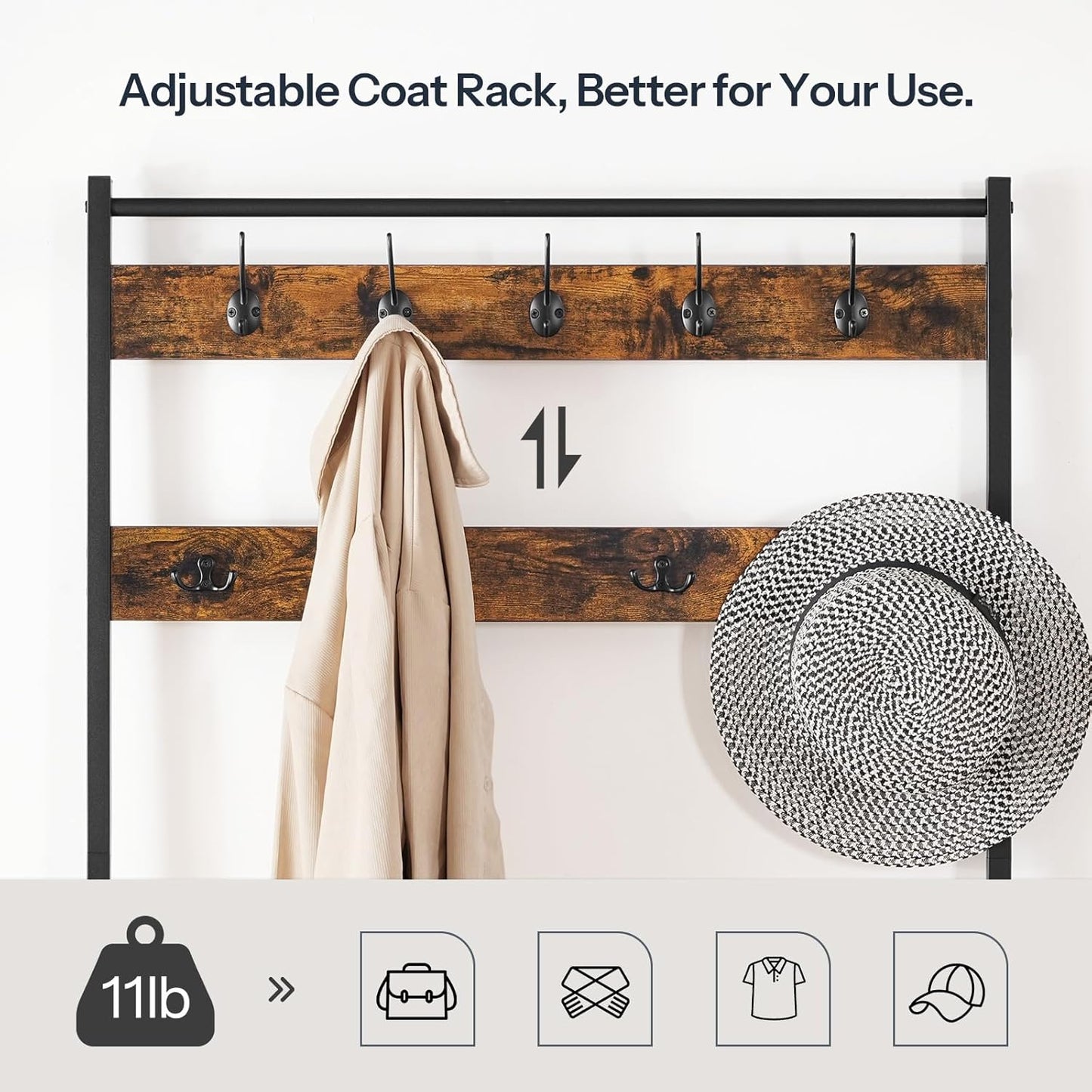 Hall Tree, Entryway Coat and Shoe Rack, 2 Fabric Drawers, Hall Tree with Bench, Shoe and Coat Rack, Coat Rack with Shoe Storage, 4 Tier Shoe Organizer, 9 Hooks, Rustic Brown and Black BF81MT01