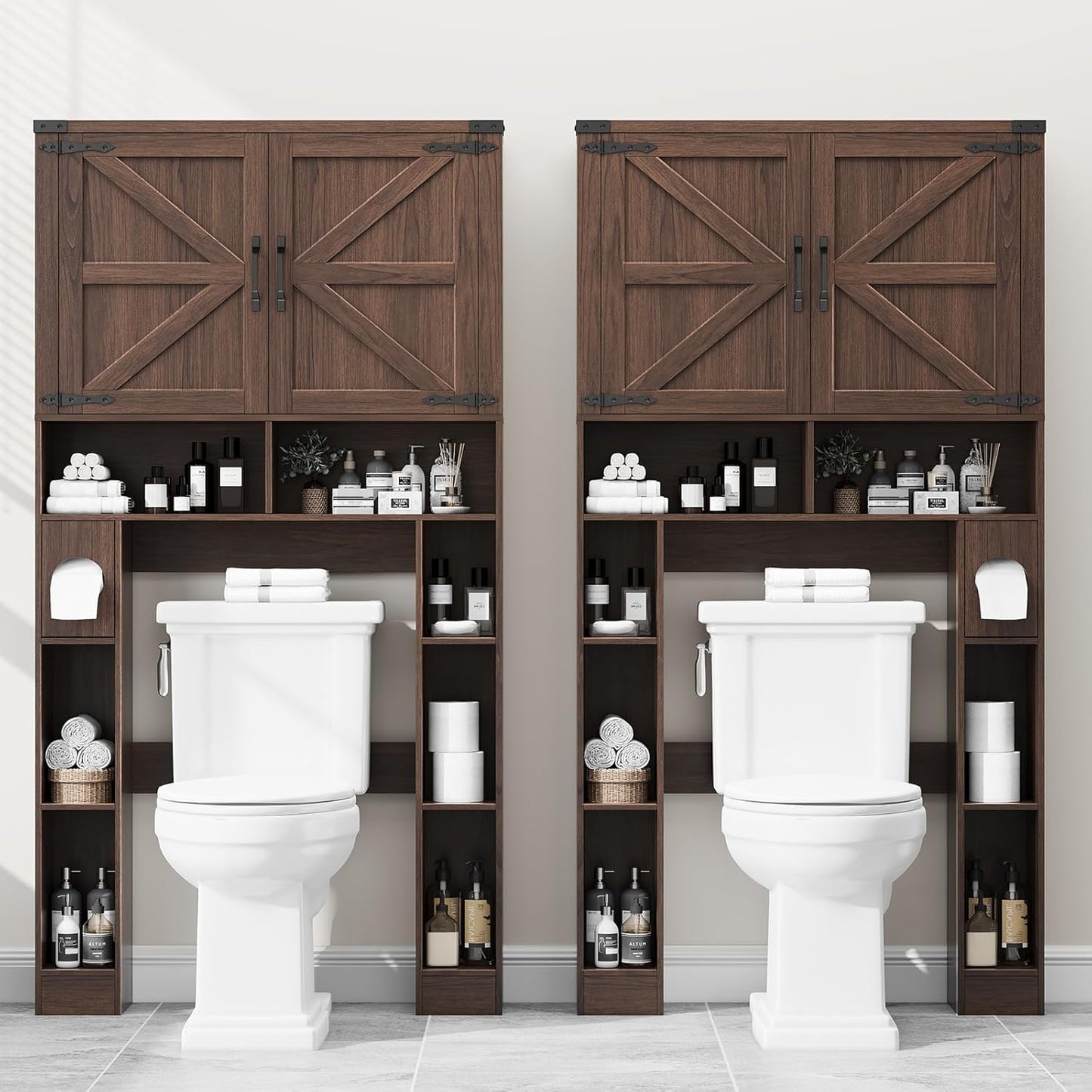 Over the Toilet Storage Cabinet, Farmhouse Storage Cabinet over Toilet with 2 Barn Doors ，Toilet Paper Holder Stand，Home Space-Saving Toilet Rack, for Laundry, Restroom, Bathroom.Espresso