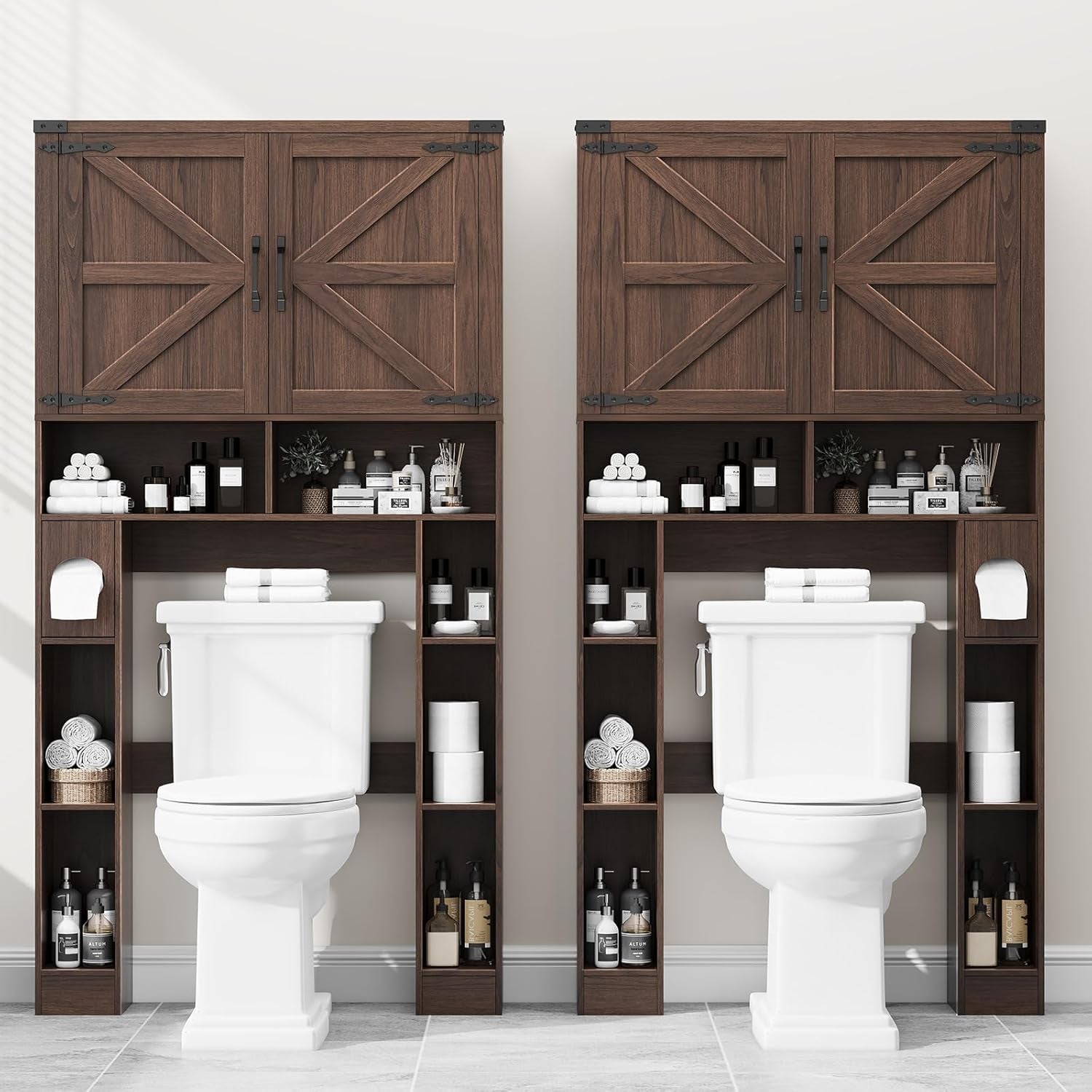 Over the Toilet Storage Cabinet, Farmhouse Storage Cabinet over Toilet with 2 Barn Doors ，Toilet Paper Holder Stand，Home Space-Saving Toilet Rack, for Laundry, Restroom, Bathroom.Espresso