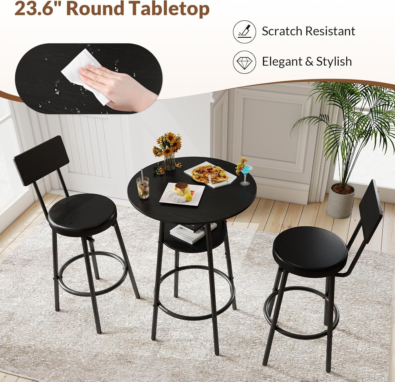 3 Pieces round Bar Table Set, Small Dining Table for 2, Black Kitchen Bar Table, Breakfast Table with Storage, 2 Thickened Cushion Stools with Backrest for Dining Room & Bistro-Black