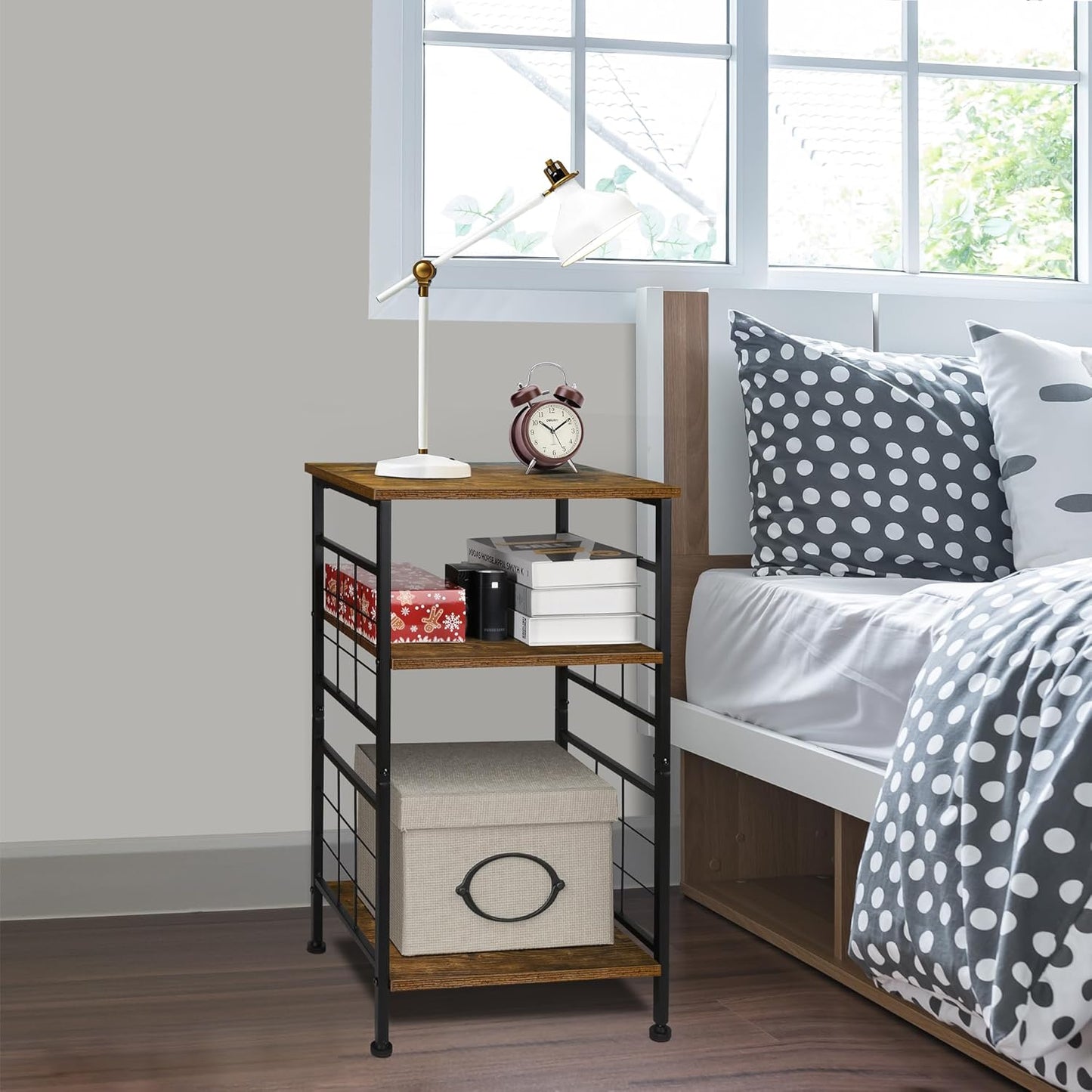 3-Tier Tall End Table, Narrow Night Stand with #-Design Sturdy Frame, Small Bed Side Table for Small Space in Living Room,Bedroom,Office,Bathroom(Brown)