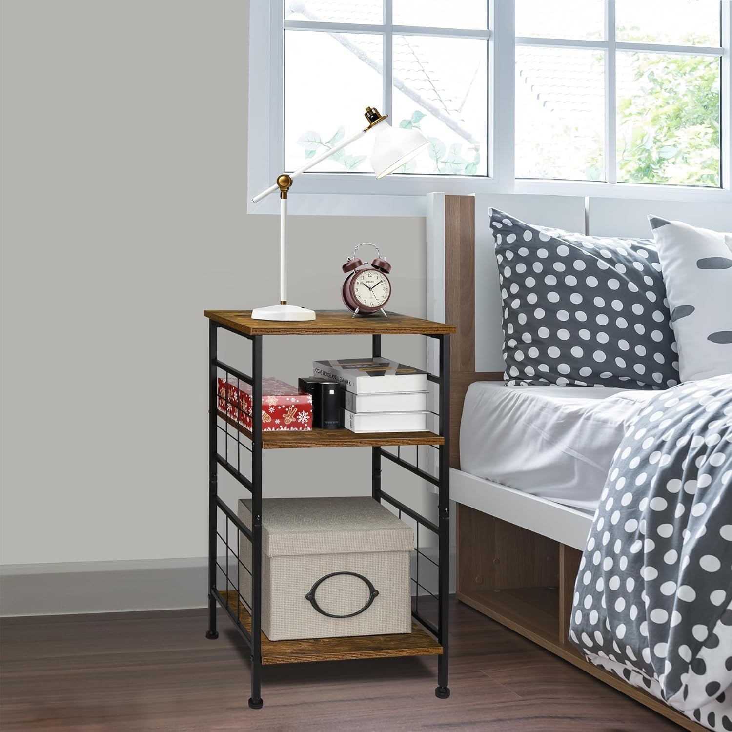 3-Tier Tall End Table, Narrow Night Stand with #-Design Sturdy Frame, Small Bed Side Table for Small Space in Living Room,Bedroom,Office,Bathroom(Brown)