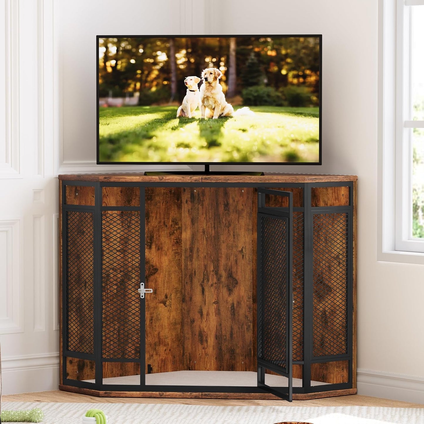 52" Corner Dog Crate Furniture, Wooden Dog Kennel with Dog Cushion, Dog Kennel Corner Wooden End Table for Small Medium Large Dogs, Brown