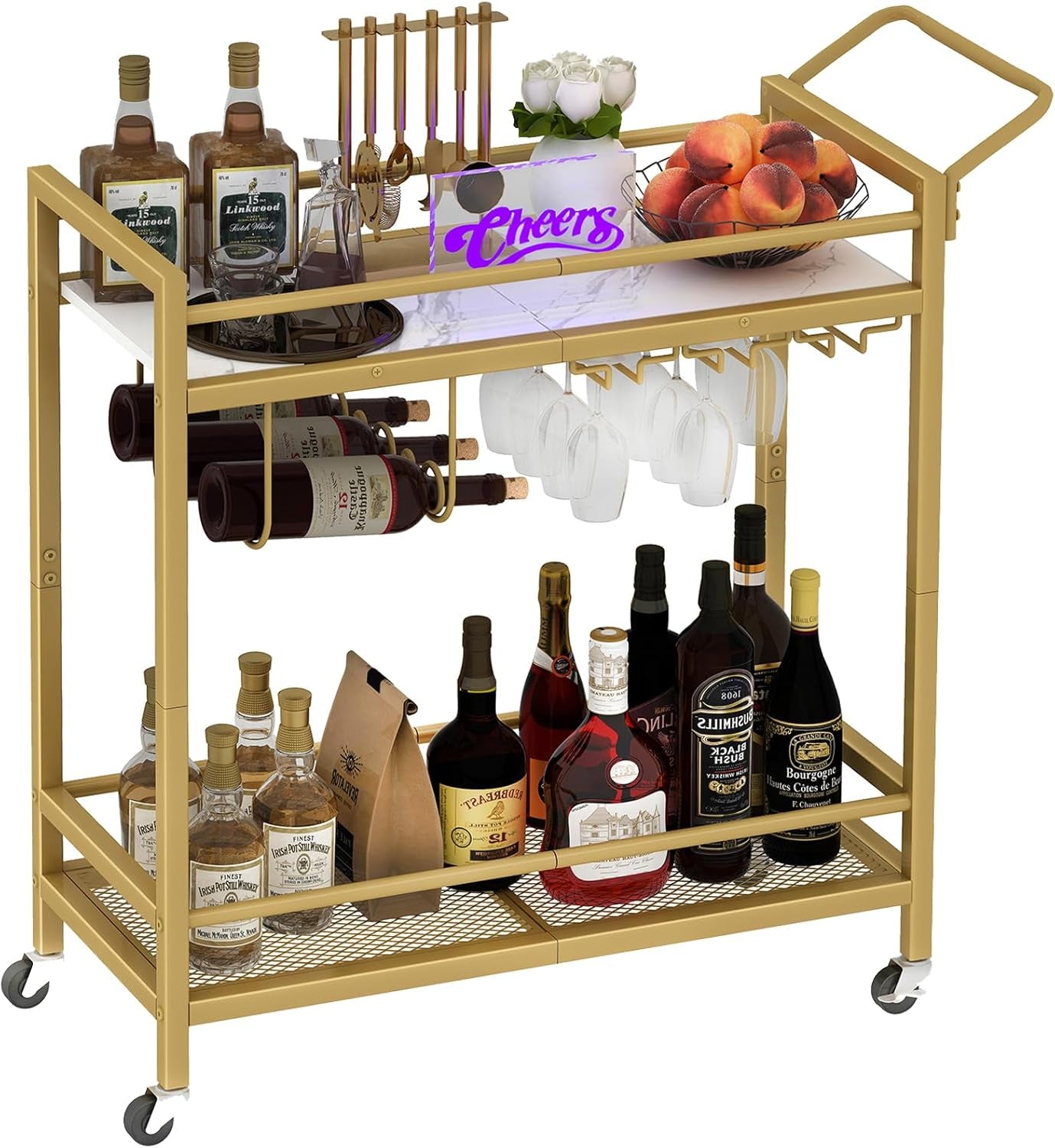 Bar Cart, Two-Color Home Bar Serving Cart, Mobile Drink Beverage Cart with 2 Storage Shelves, Rolling Kitchen Cart with Wine Holder and Glass Holder, for Dinning Room, Living Room, Kitchen
