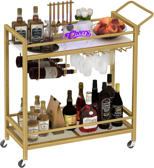 Bar Cart, Two-Color Home Bar Serving Cart, Mobile Drink Beverage Cart with 2 Storage Shelves, Rolling Kitchen Cart with Wine Holder and Glass Holder, for Dinning Room, Living Room, Kitchen