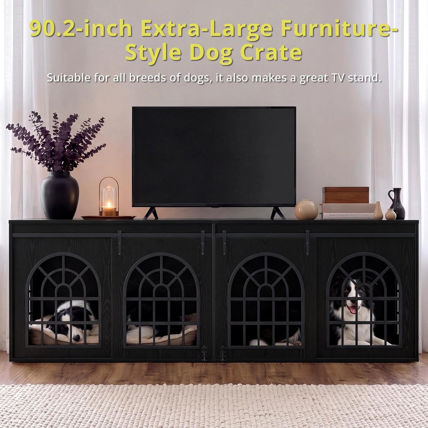 90.2" Double Room Dog Crate Furniture with Sliding Doors– Heavy Duty Wooden Dog Kennel with Hinged Divider, TV Stand & End Table for Large to Medium Dogs, Brown (Black)