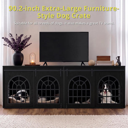 90.2" Double Room Dog Crate Furniture with Sliding Doors– Heavy Duty Wooden Dog Kennel with Hinged Divider, TV Stand & End Table for Large to Medium Dogs, Brown (Black)