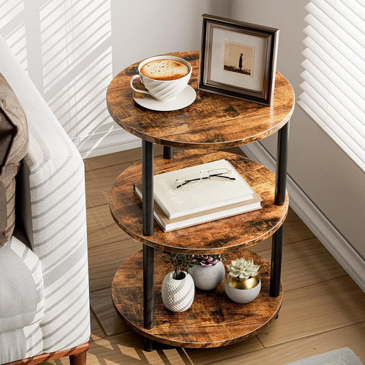 Small round End Table - 3 Tier Design Accent Table, Narrow Side or Bedside Stand, Industrial Vintage Nightstand for Bedroom, Living Room, or Small Spaces, Rustic Brown