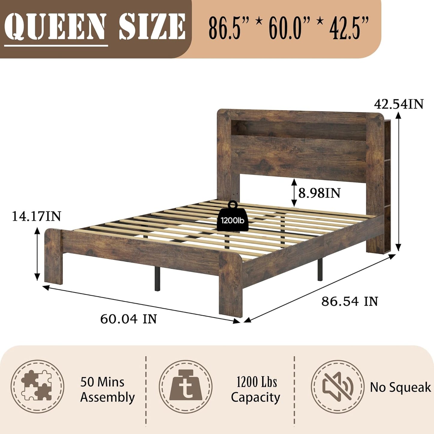 Wooden Bed Frame Queen Size with Storage Headboard, Farmhouse Platform Bedframe with Bookcase Shelf & Led Lights, Sturdy Wood Slat Framework Bed Frame (Rustic Brown)
