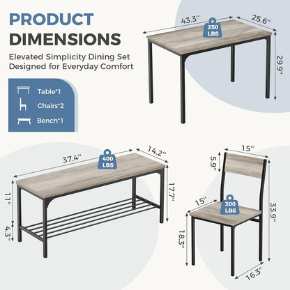 Dining Table Set, Dining Table for 4 with Bench, Kitchen Table, Space-Saving Ideal 4-Person Set for Dining Room Kitchen Apartment Corner Grey 4 Pack