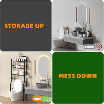 3-Tier over the Toilet Storage, Space Saver Metal Bathroom Shelves, Freestanding above over Toilet Storage Shelf with 4 Hooks for Bathroom, Black