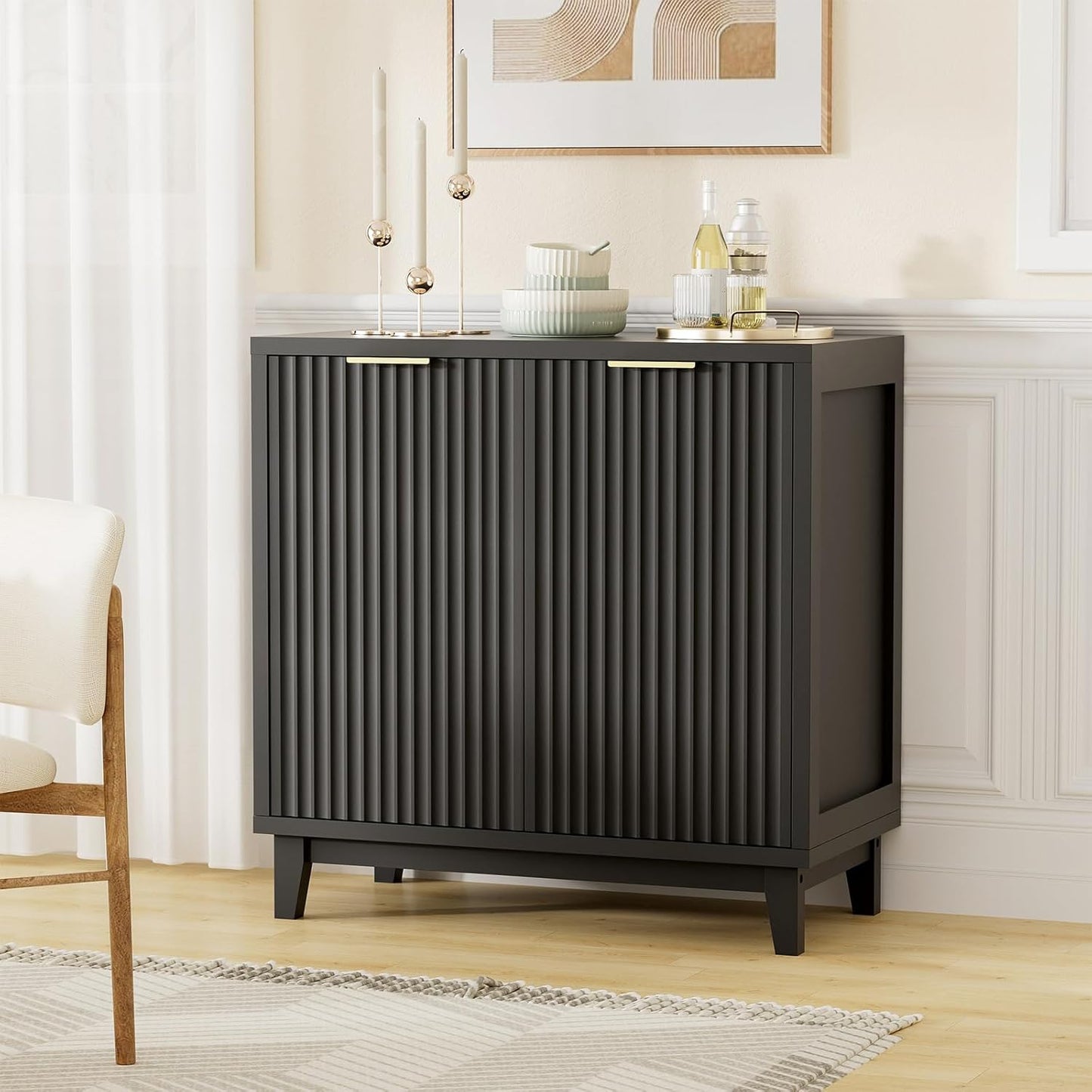 Fluted Cabinet with Storage, 2 Doors Sideboard Buffet, Mid Century Modern Accent Cabinet with Adjustable Shelves, Multifunctional Console Table with Storage for Living Room, Kitchen, Entryway