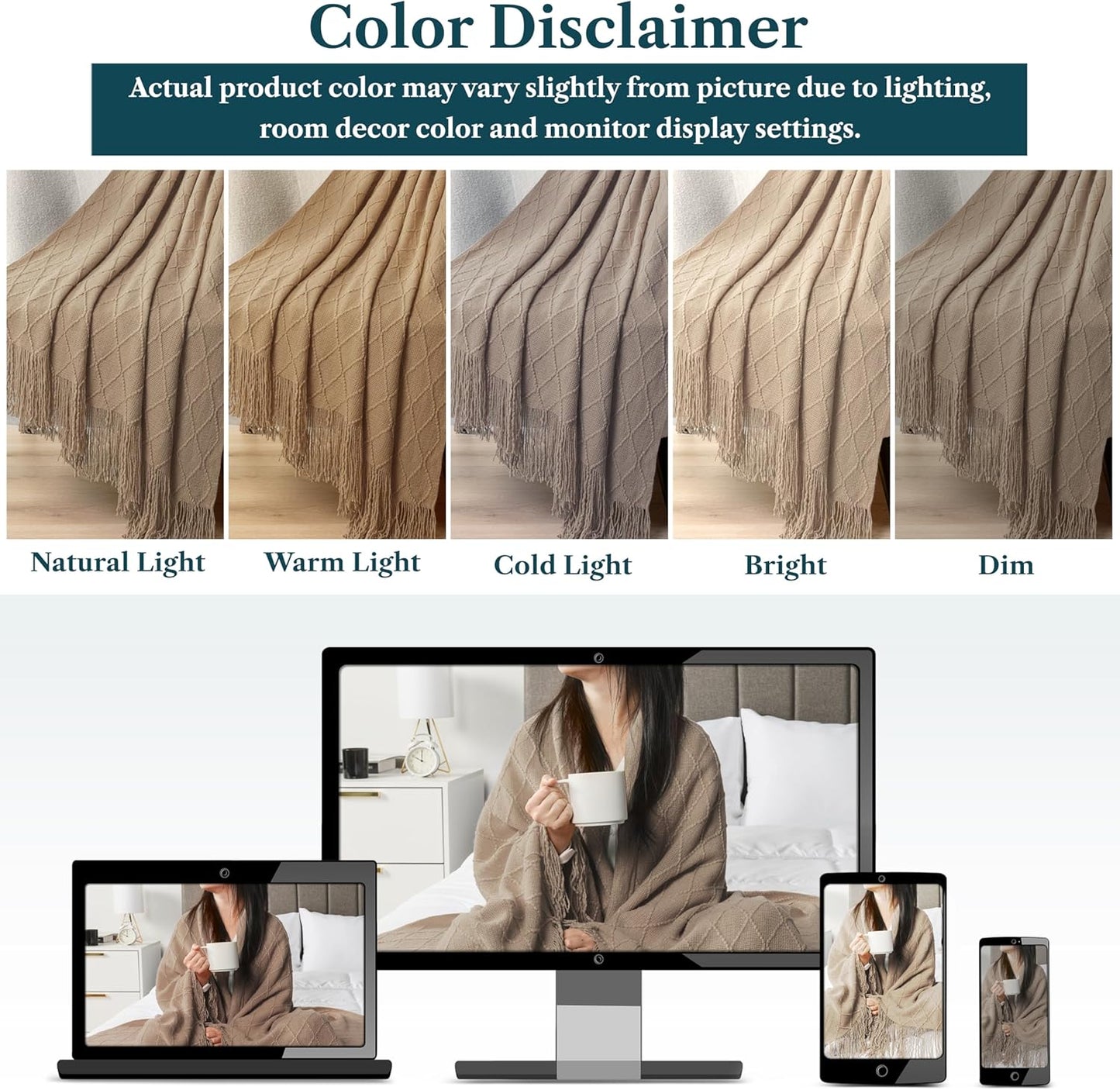 Tan Taupe Knit Throw Blanket for Couch Bed, Soft Knitted Farmhouse Sofa Throw for Living Room, Lightweight Decorative Fall Throw Blanket for Chair, Outdoor Textured Boho Blanket, 50X60