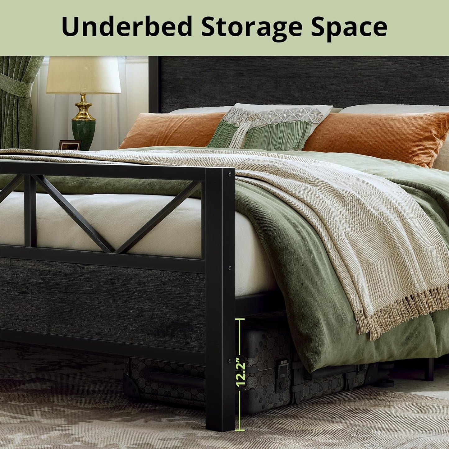 King Bed Frame, Tall Industrial Headboard 51.2 ", Platform Bed Frame with Strong Metal Support, Solid and Stable, Noise Free, No Box Spring Needed, Easy Assembly, Charcoal Grey