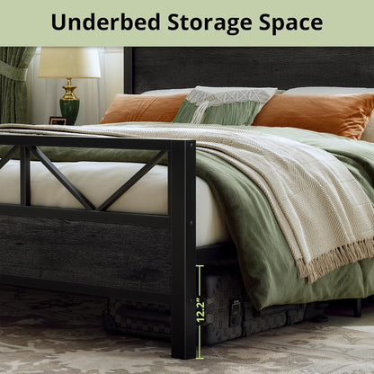 King Bed Frame, Tall Industrial Headboard 51.2 ", Platform Bed Frame with Strong Metal Support, Solid and Stable, Noise Free, No Box Spring Needed, Easy Assembly, Charcoal Grey