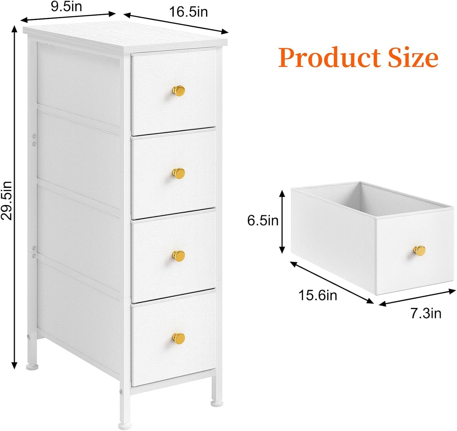 Narrow Storage Cabinet, Narrow Nightstand Dresser with 4 Drawers, Slim Fabric Dresser Storage Tower for Small Spaces, White Dresser, for Bedroom, Bathroom, Laundry, Closet