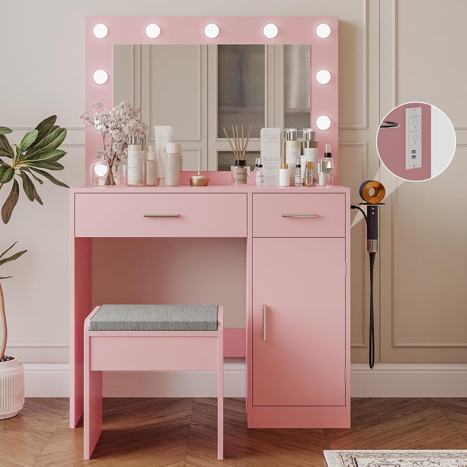 Vanity, Vanity Desk with Mirror, Large Drawer and Power Socket with 11 Light Bulbs and 3 Adjustable Lighting Modes, Vanity Table Ideal for Bedroom (Pink)