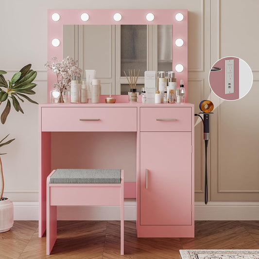 Vanity, Vanity Desk with Mirror, Large Drawer and Power Socket with 11 Light Bulbs and 3 Adjustable Lighting Modes, Vanity Table Ideal for Bedroom (Pink)