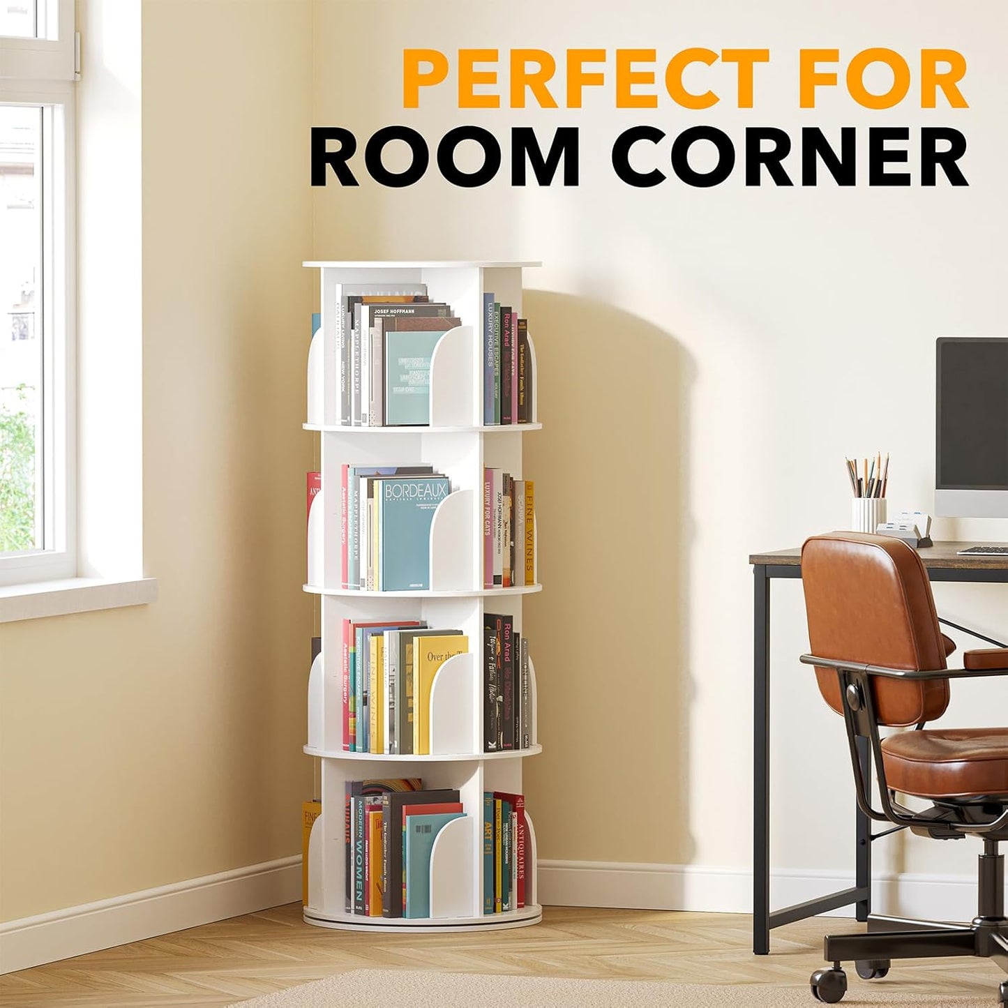 4 Tier Rotating Bookshelf Tower, Spinning Bookcase Lazy Susan, Revolving 360 Book Shelf Storage round Carousel, Vertical Rotate Turning Spiral Corner Organizer, White