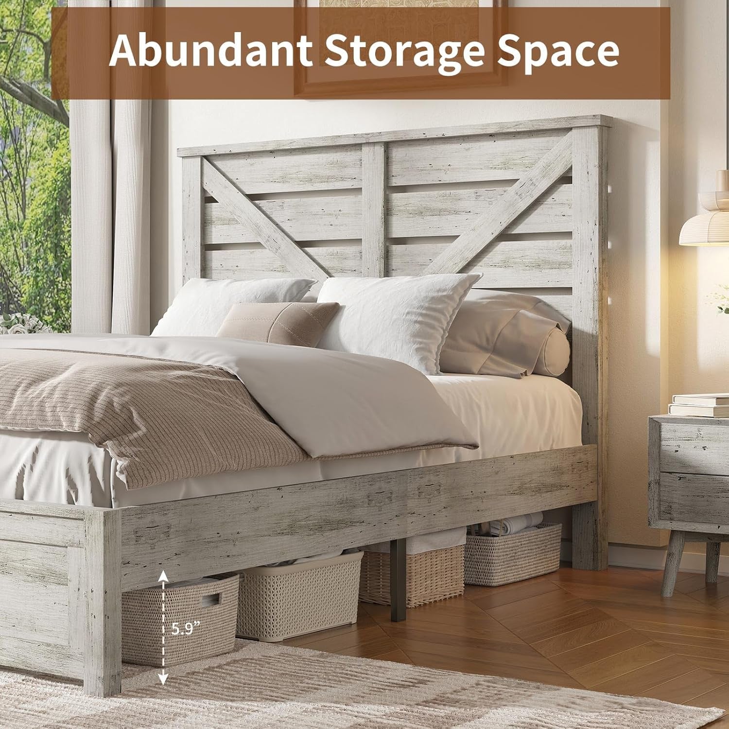 Queen Size Farmhouse Wooden Bed Frame, Platform Bed Frame with 49.2" Headboard/No Box Spring Needed/Noisy Free/Easy Assembly/Distressed White