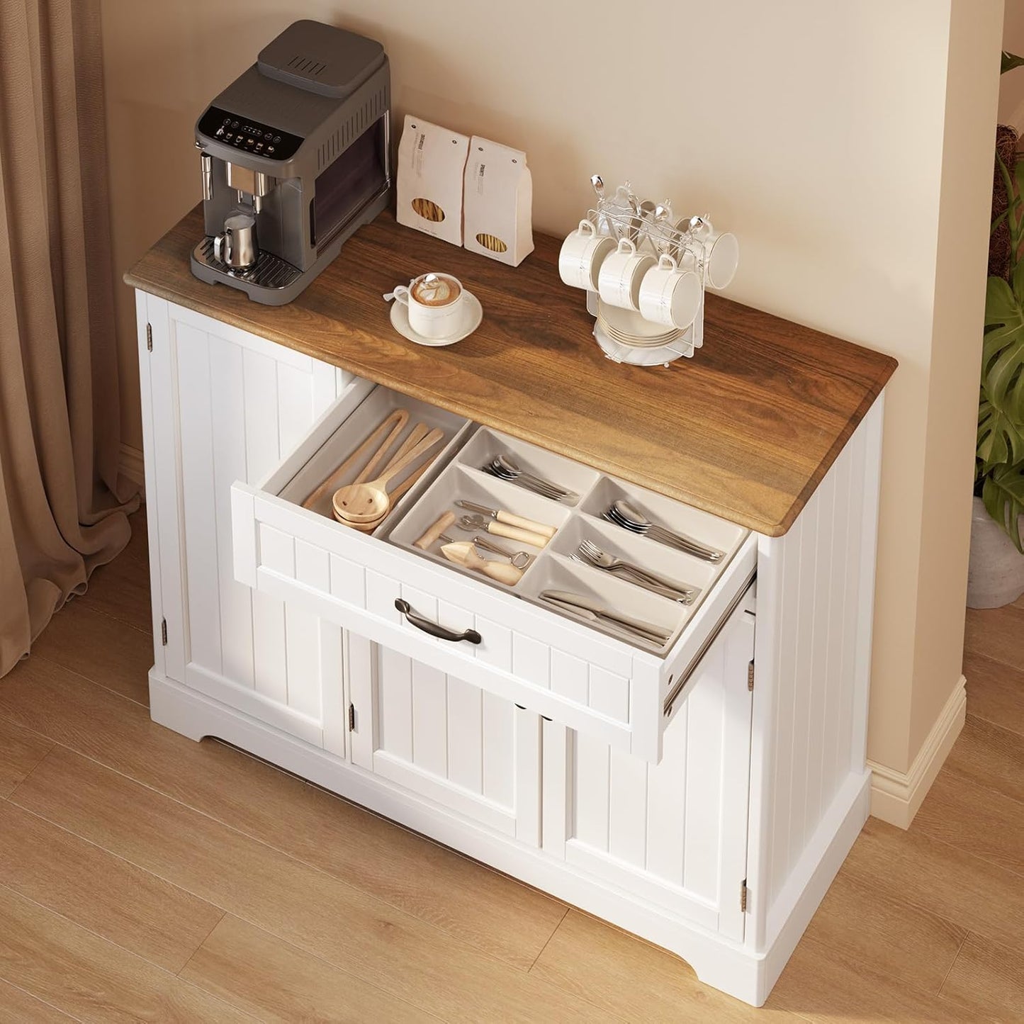 Kitchen Coffee Bar Cabinet with Storage Kitchen Sideboard Buffet Cabinet with Drawers, Short Pantry with Door and Shelves for Bathroom and Living Room, White and Rustic