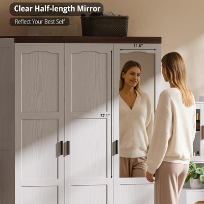 3 Door Armoire Wardrobe Closet with Mirror, Large Wardrobe Closet with Doors, White Armoire for Bedroom with Hanging Rods & Shelves for Long Clothing, Short Clothing and Stacking, Modern