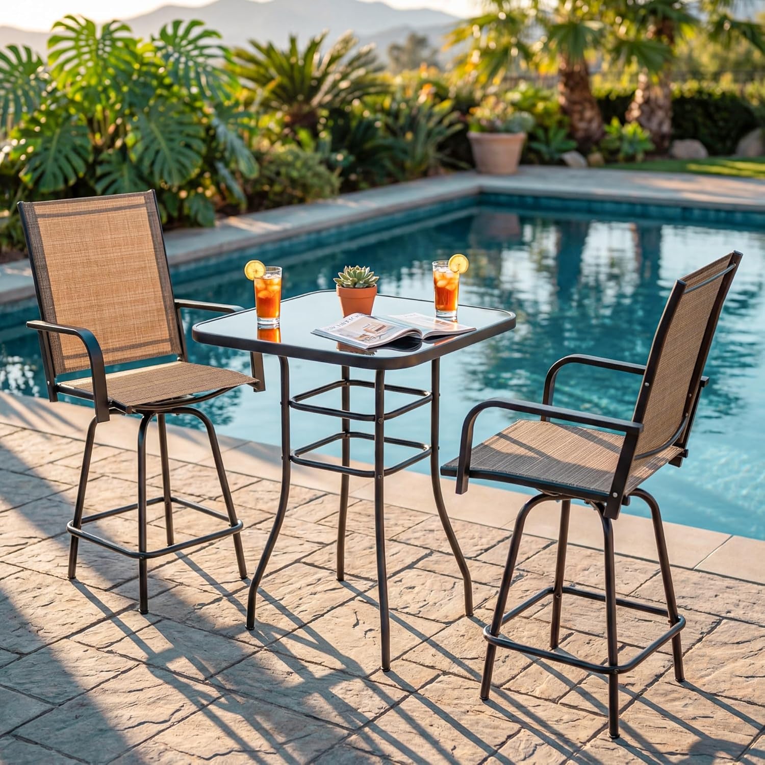 3-Piece Patio Bar Set, High Top Table & 2 Swivel Bar Stools with Textilene Fabric, Outdoor Bistro Furniture for Balcony, Backyard, Poolside (Brown)